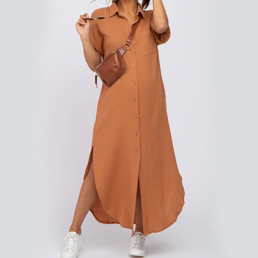 Camel Button Down Maternity Midi Dress